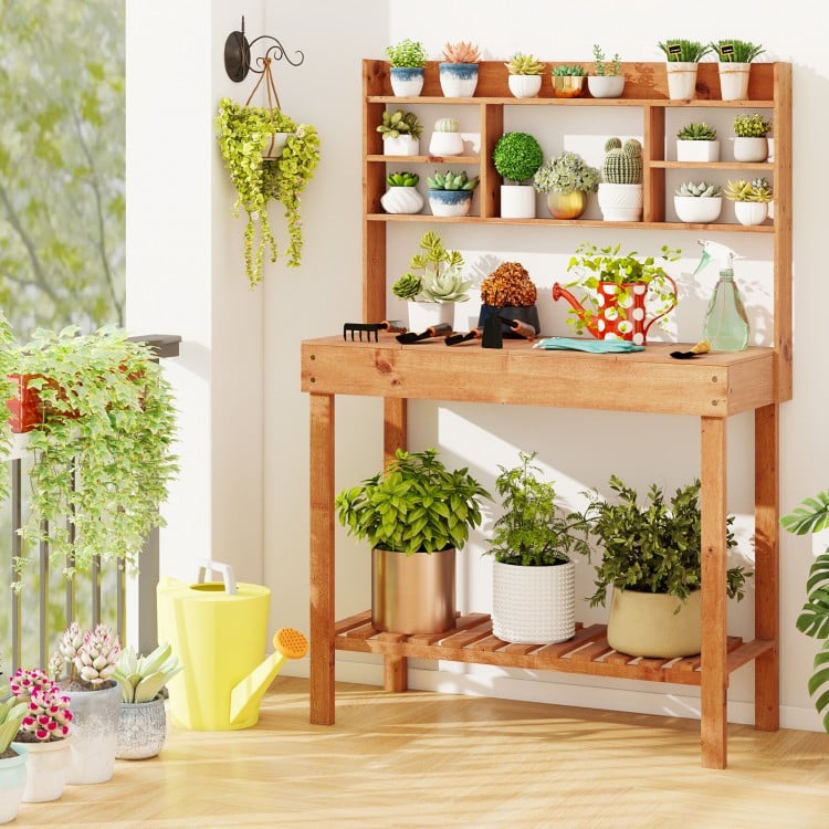 Wooden Potting Bench Table Garden Planting Workstation with 3-Tier Open Shelf-Brown