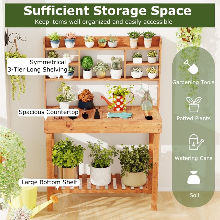 Wooden Potting Bench Table Garden Planting Workstation with 3-Tier Open Shelf-Brown