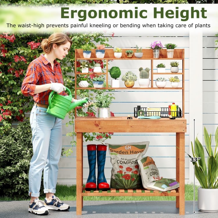 Wooden Potting Bench Table Garden Planting Workstation with 3-Tier Open Shelf-Brown