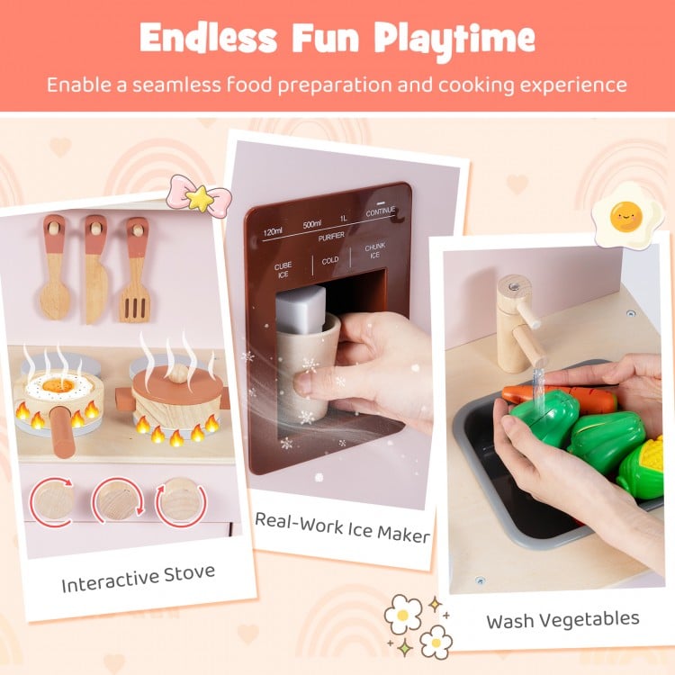 Wooden Pretend Kitchen Playset with Realistic Ice Maker