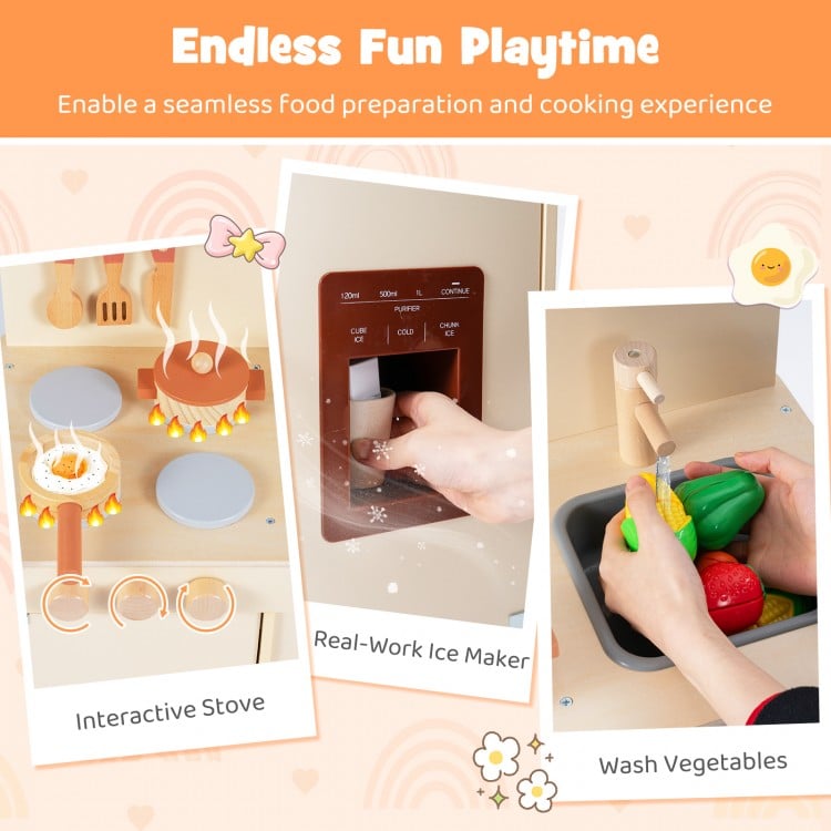 Wooden Pretend Kitchen Playset with Realistic Ice Maker