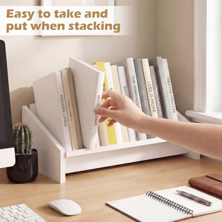 Wooden Tilting Bookcase Small Desktop Bookshelf Organizer for Magazines-White