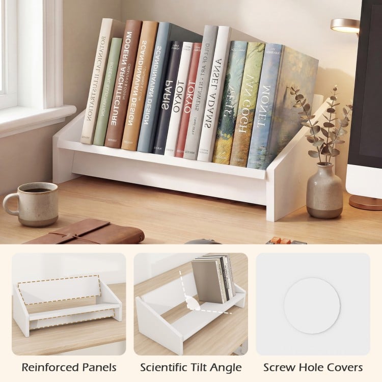 Wooden Tilting Bookcase Small Desktop Bookshelf Organizer for Magazines-White