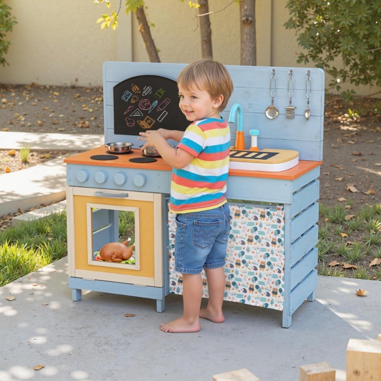 Wooden Toy Kitchen Playset with Removable Circulation Faucet and Cooking Accessories