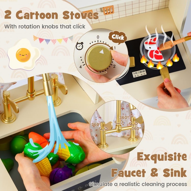 Wooden Toy Kitchen Playset with 14 Accessories for Aged 3+ Years-Beige