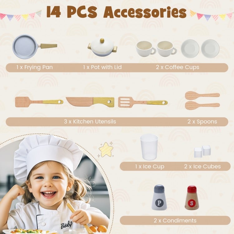 Wooden Toy Kitchen Playset with 14 Accessories for Aged 3+ Years-Beige
