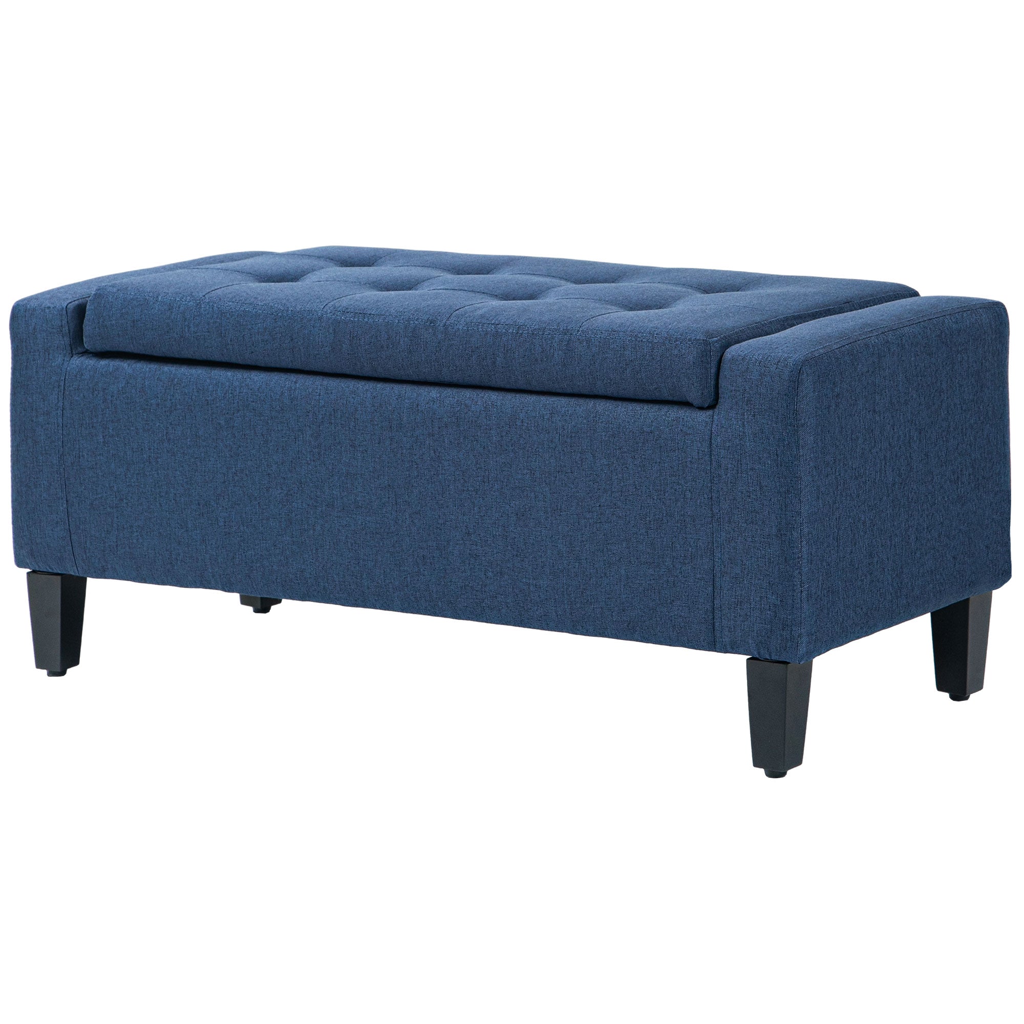 HOMCOM Storage Ottoman Bench, Linen Upholstered Bench with Tufted Design, Dark Blue
