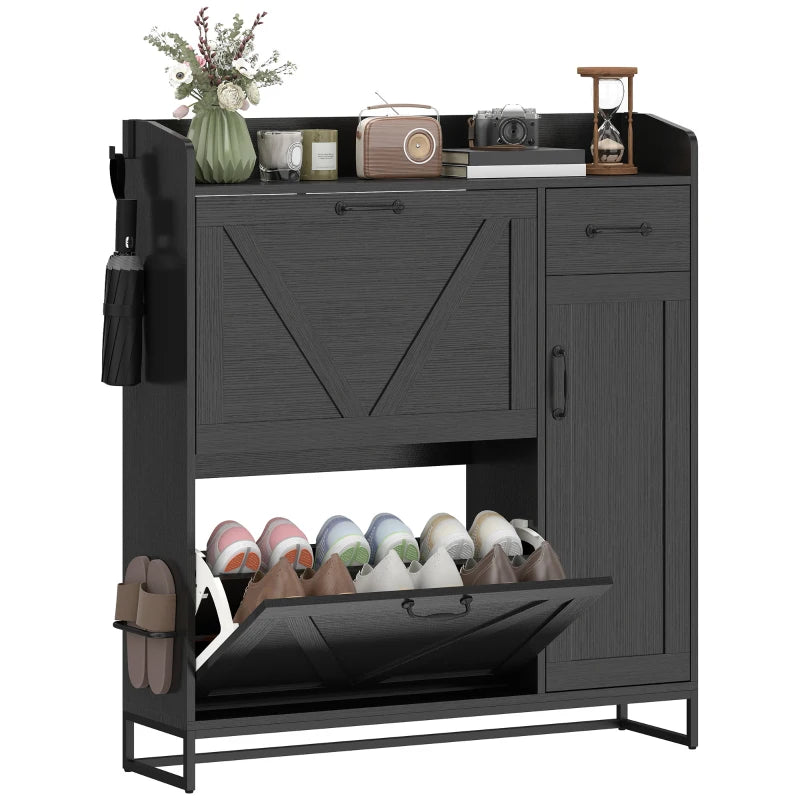 Farmhouse Shoe Storage Cabinet with Side Cabinet and Adjustable Shelves for Entryway, Hallway, Holds 12 Pairs, Black