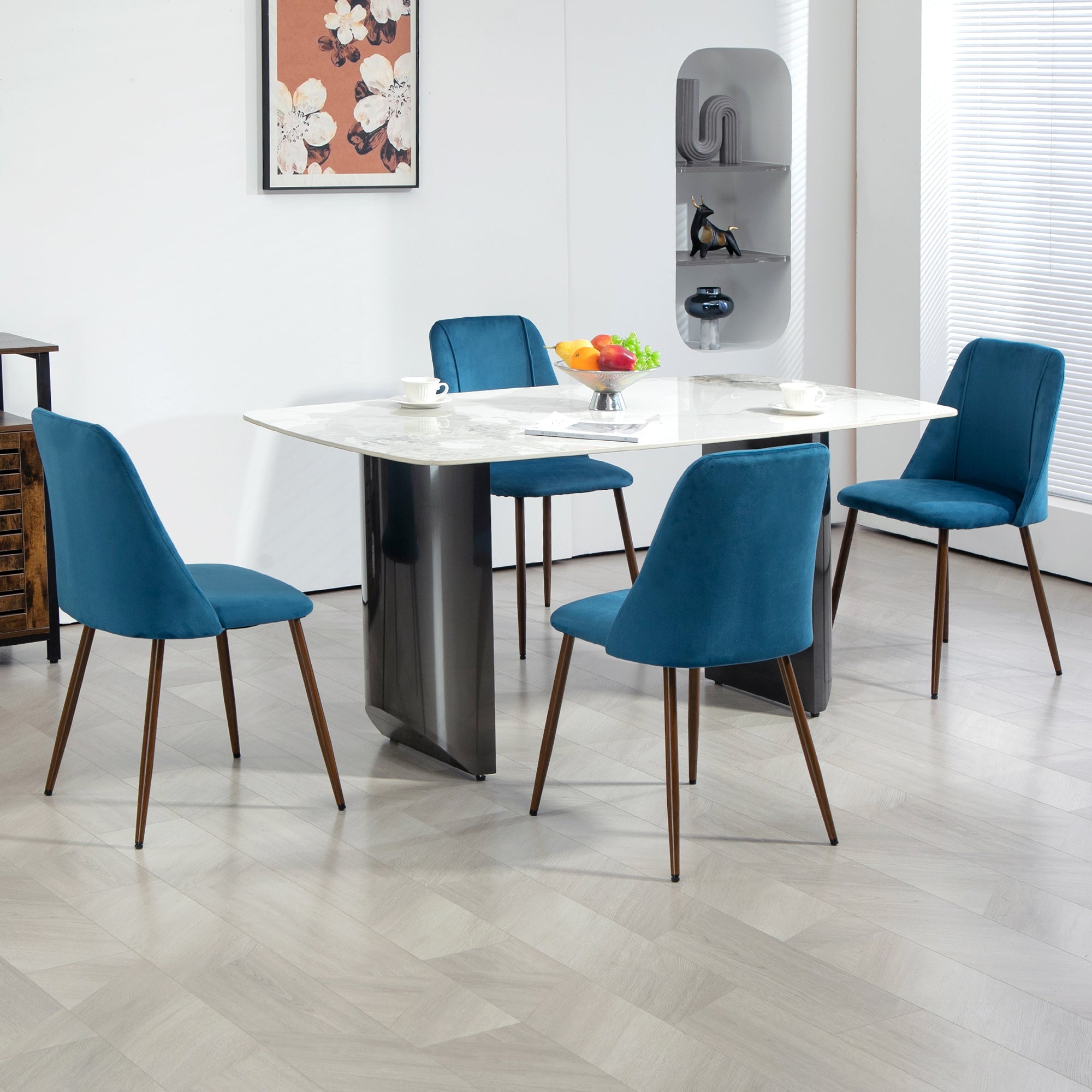 HOMCOM Upholstered Dining Chairs Set of 4, Velvet Accent Chair with Back and Wood-grain Steel Leg for Kitchen, Dark Blue