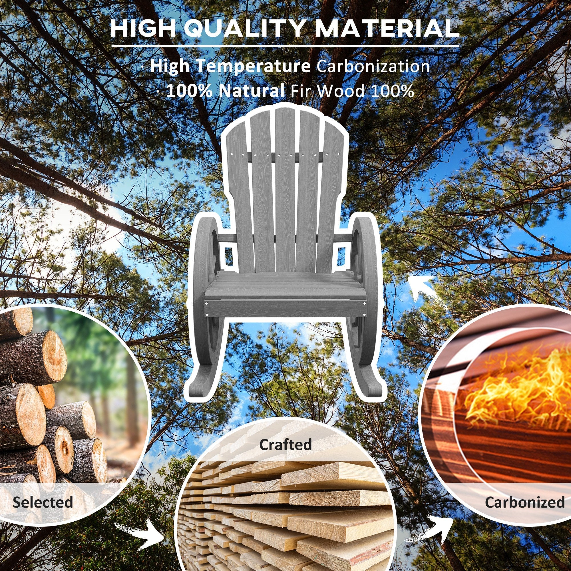 Outsunny Patio Wooden Rocking Chair, Wagon Outdoor Rocker Chair with Slatted Design and Wheel Armrests for Garden, Grey