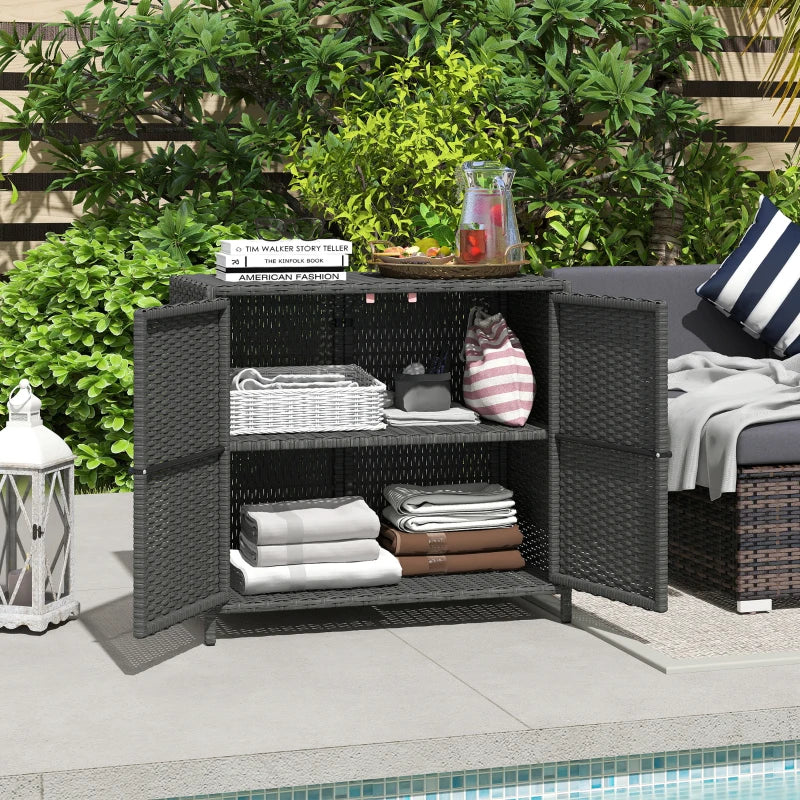 Wicker Outdoor Storage Cabinet Double Magnetic Doors, PE Rattan Outdoor Towel Rack for Pool, Patio, Dark Grey