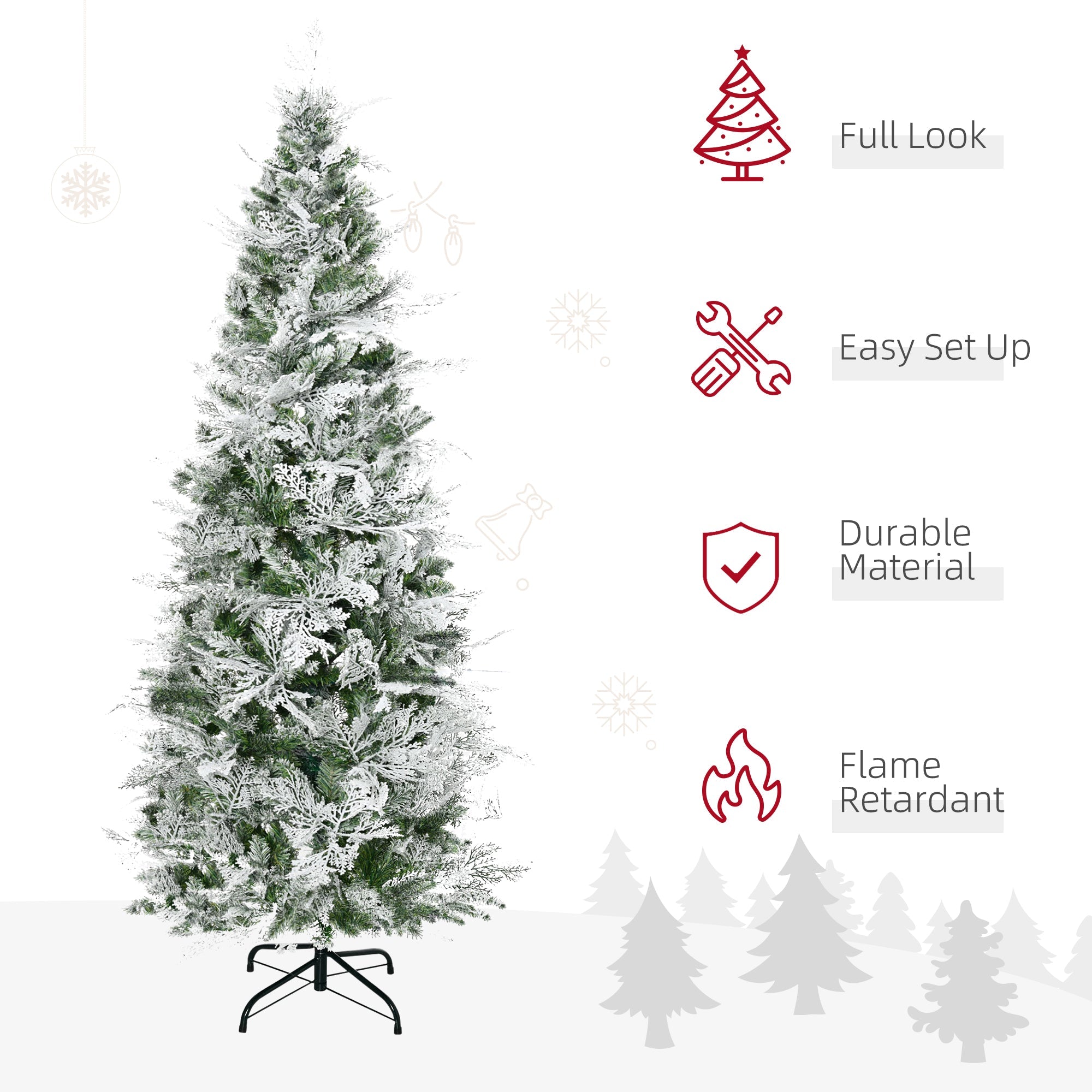 HOMCOM 6 Foot Pencil Snow Flocked Artificial Christmas Tree with 517 Realistic Cypress Branches, Auto Open, Green