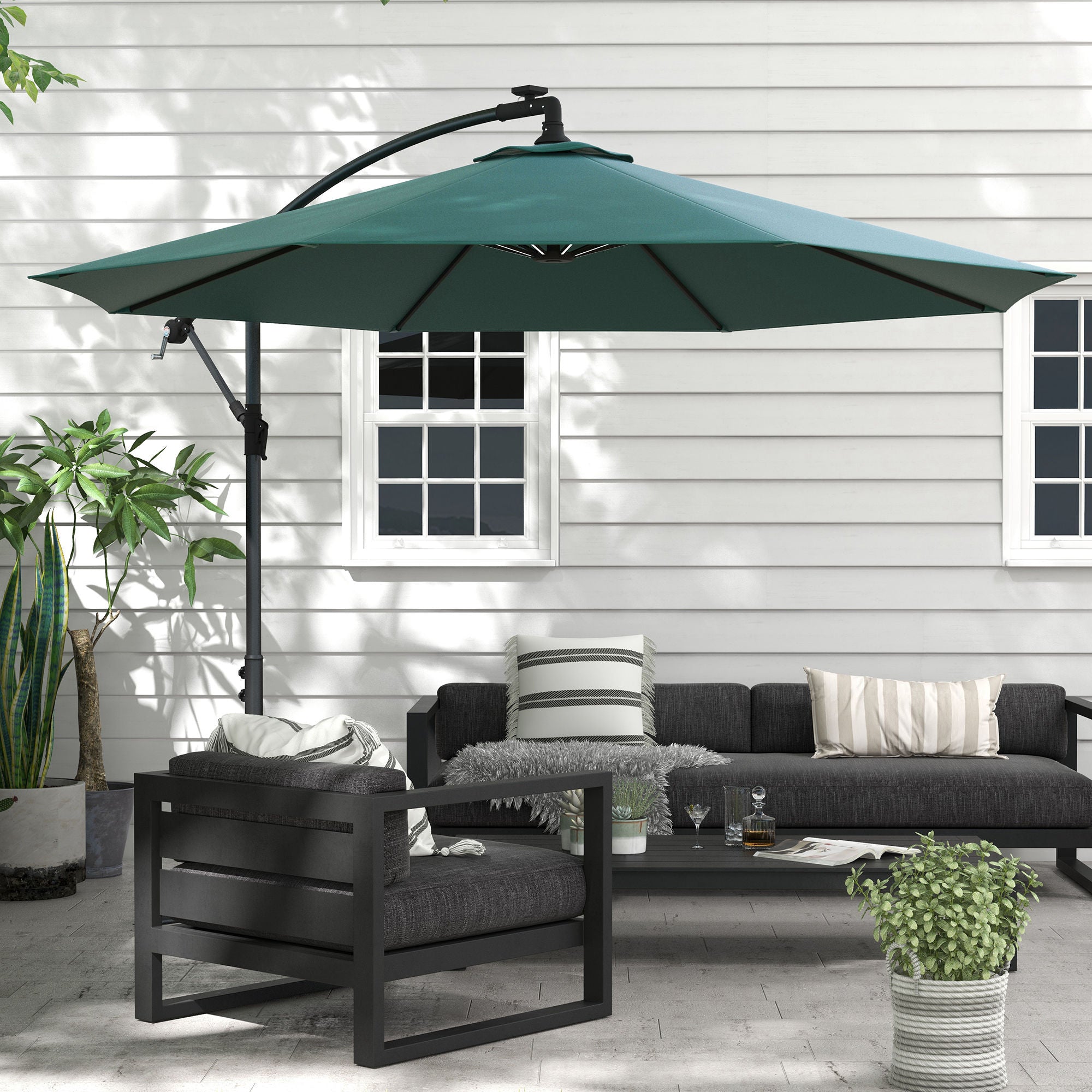 Outsunny 10ft Outdoor Cantilever Hanging Offset Umbrella with Solar LED Lights, Crank, Cross Base, Aluminum Frame, Green