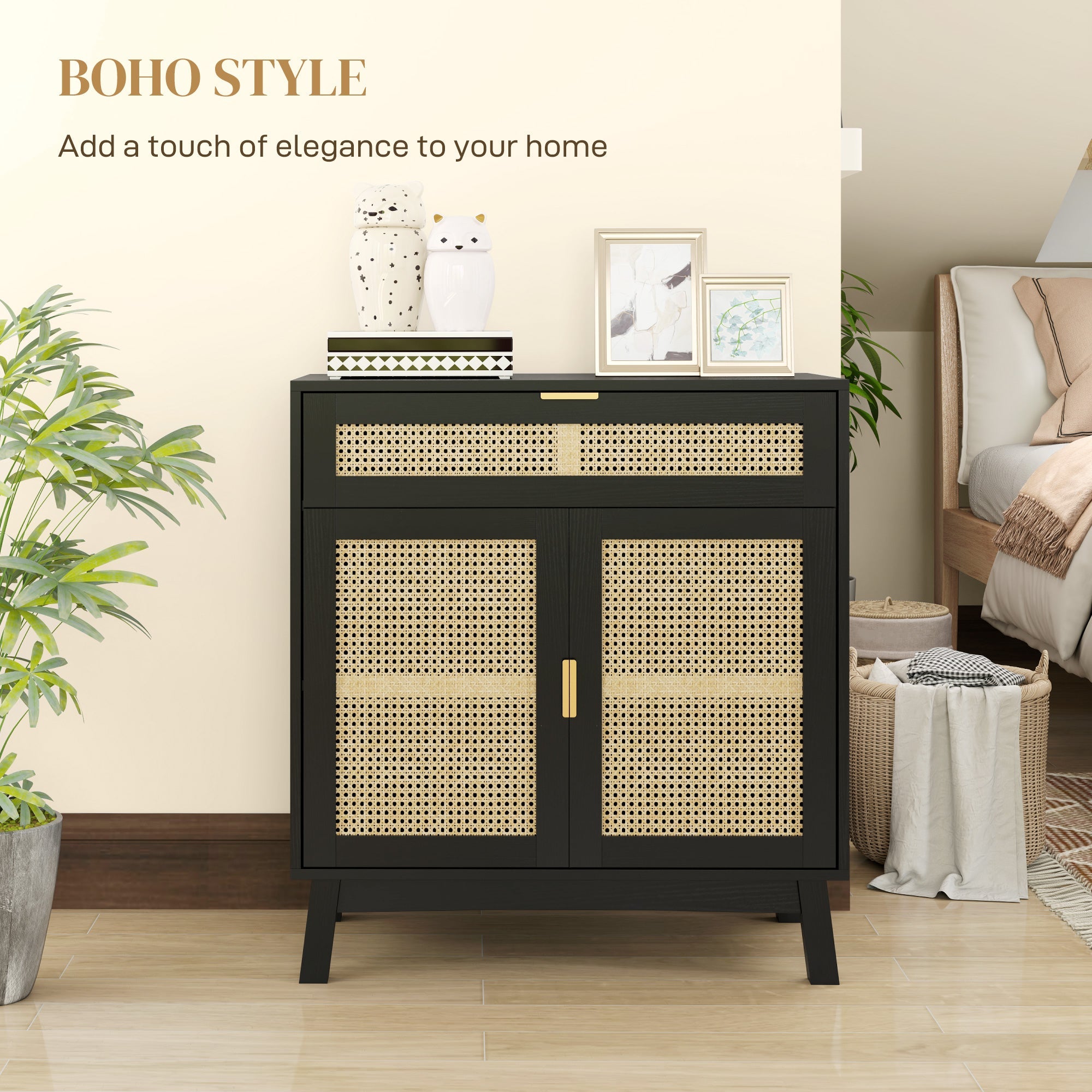 HOMCOM Boho Sideboard Storage Cabinet with Rattan Doors, Black