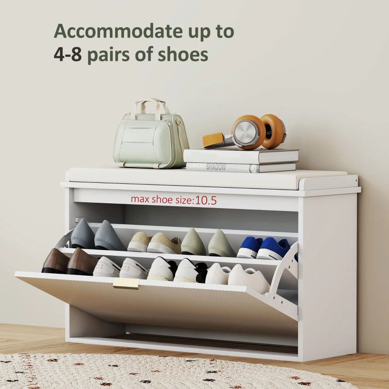 Entryway Bench with Padded Seat and Flip-Drawers, Holds up to 265lbs, Shoe Storage Bench for 8 Pairs of Shoes, White