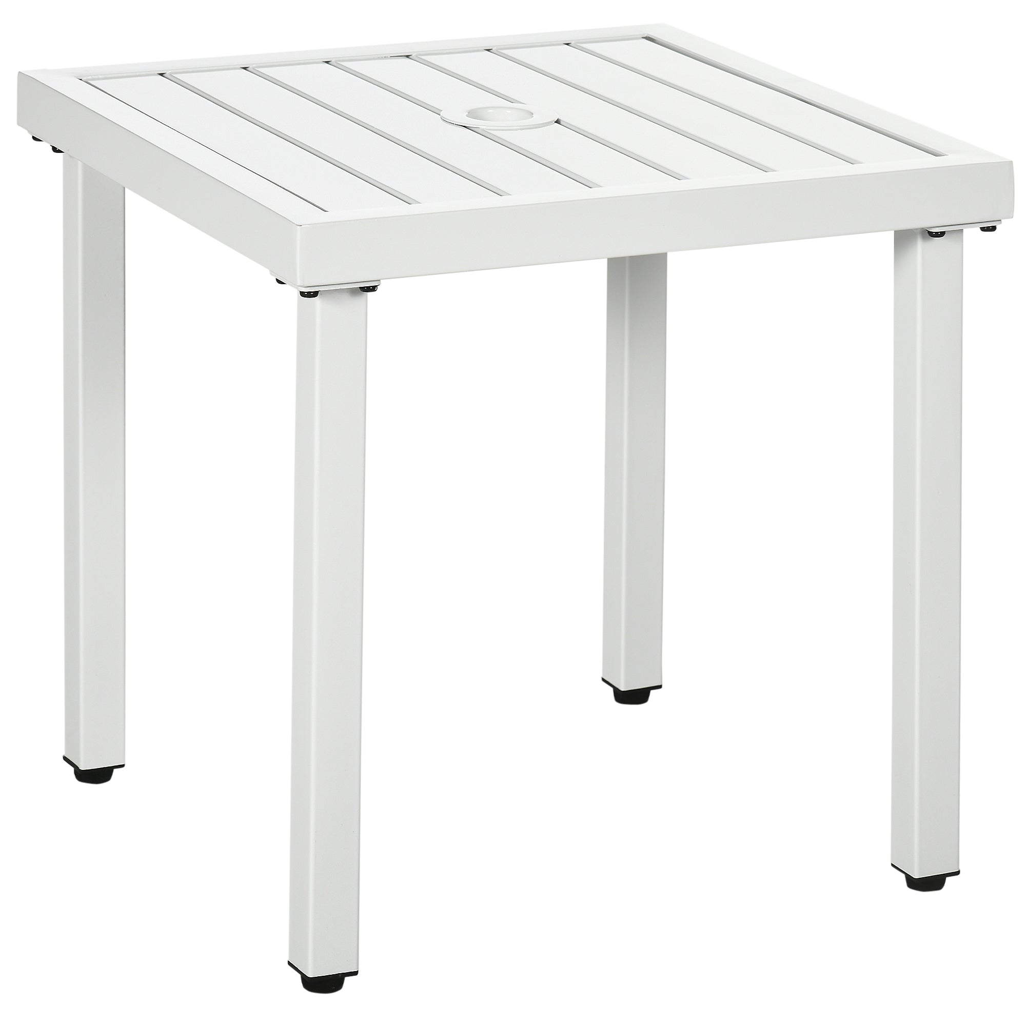 Outsunny Patio Side Table with Umbrella Hole Steel Frame Small Coffee Table White