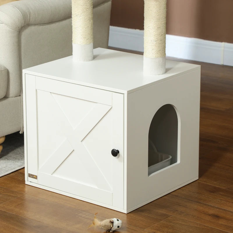 Cat Tree with Litter Box Enclosure, Sisal Covered Scratching Posts, Large Platform, Bed for Indoor Cats, White