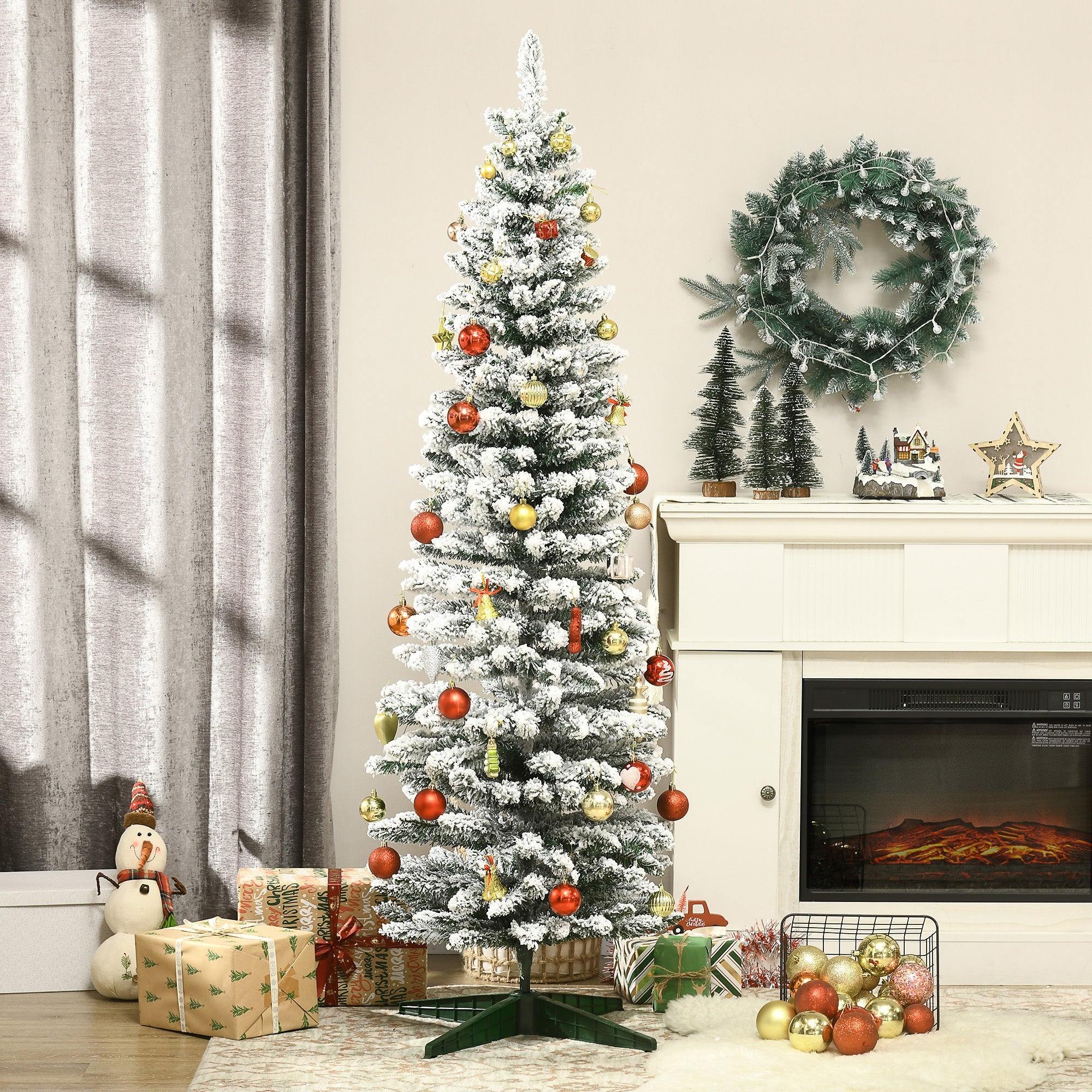 HOMCOM 6ft Tall Pencil Artificial Christmas Tree, Holiday Décor with 390 Snow Flocked Branches, Green