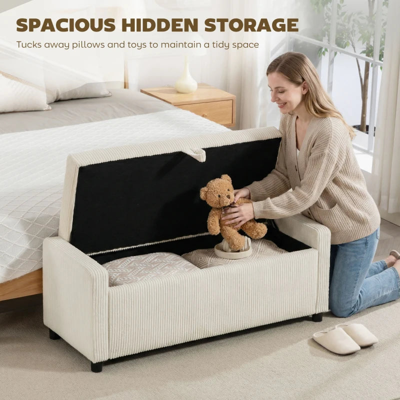 Storage Ottoman, Upholstered Corduroy End of Bed Bench with Thick Padding, Storage Bench for Bedroom, Beige