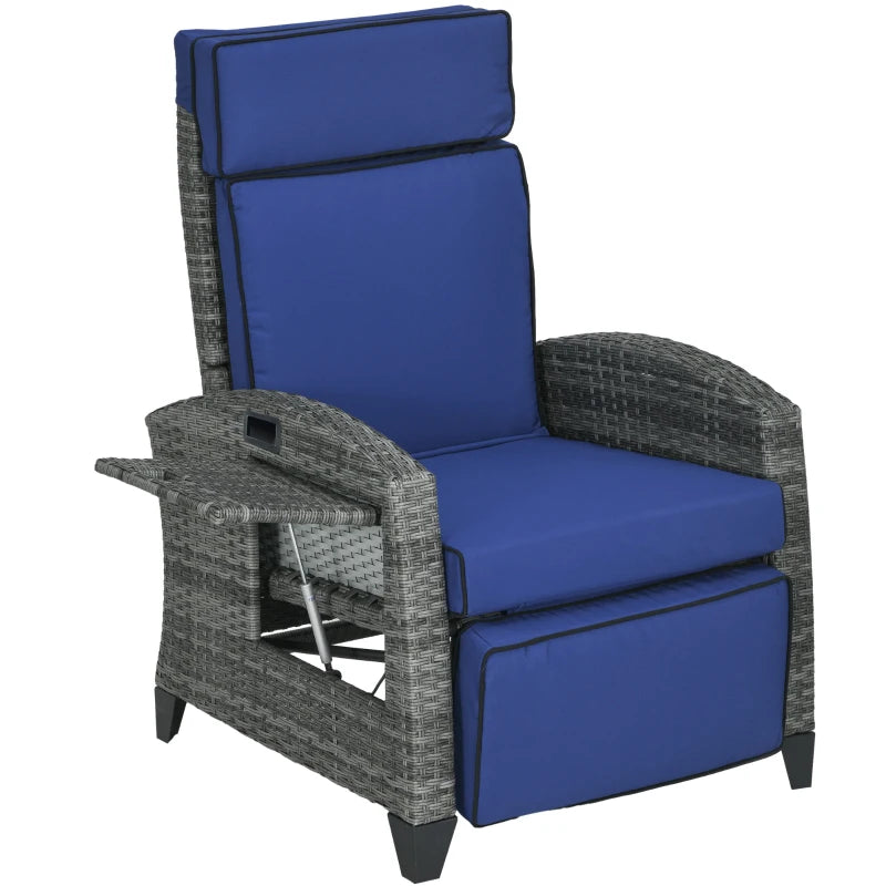 Outdoor Recliner Chair with Adjustable Backrest and Footrest, Washable Cushion, Side Tray, Dark Blue