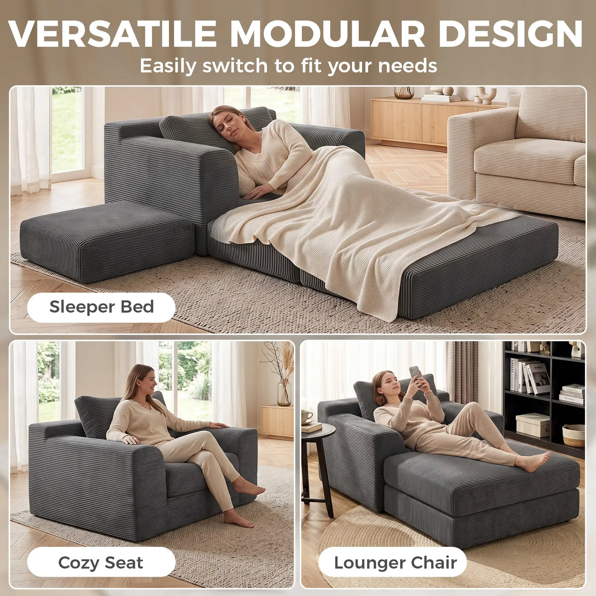 51.2-Inch Folding Chair Bed with Pillow, Corduroy Upholstered Sleeper Chair, Modular Floor Sofa, Dark Grey