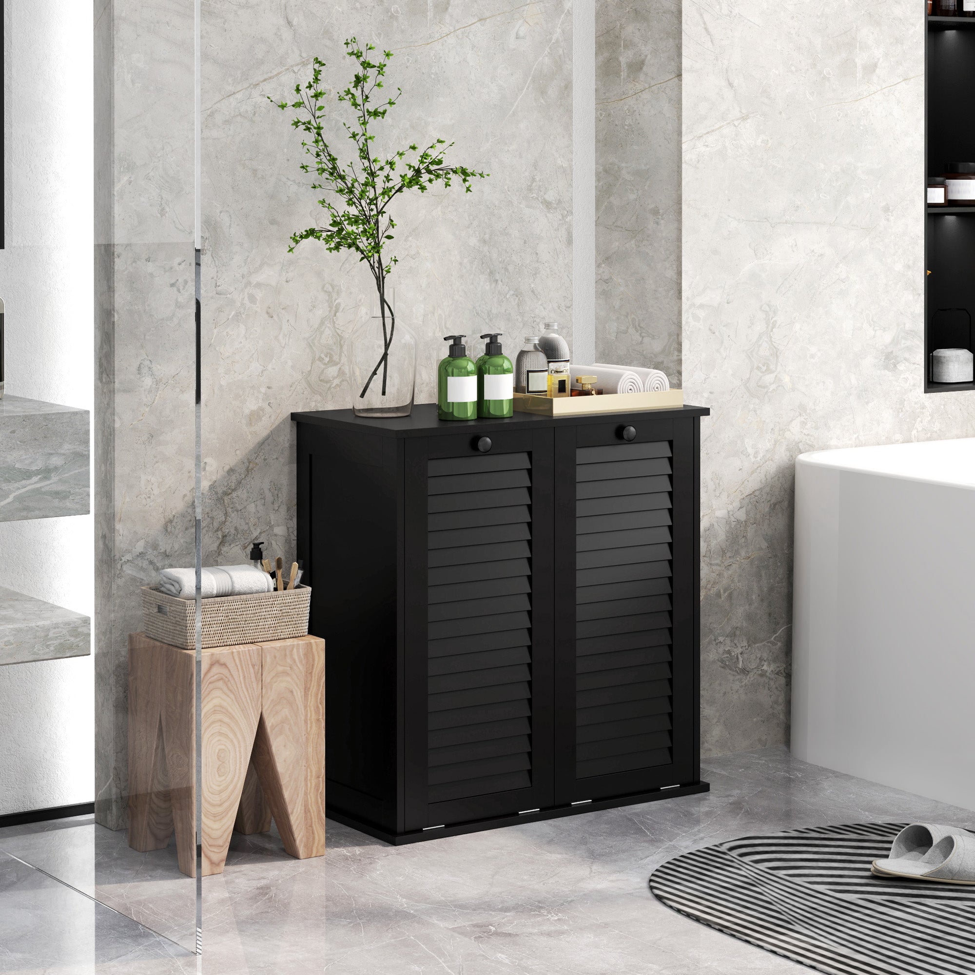 HOMCOM Tilt Out Laundry Cabinet, Laundry Basket Cabinet with 2 Baskets and 2 Louvered Doors, Black