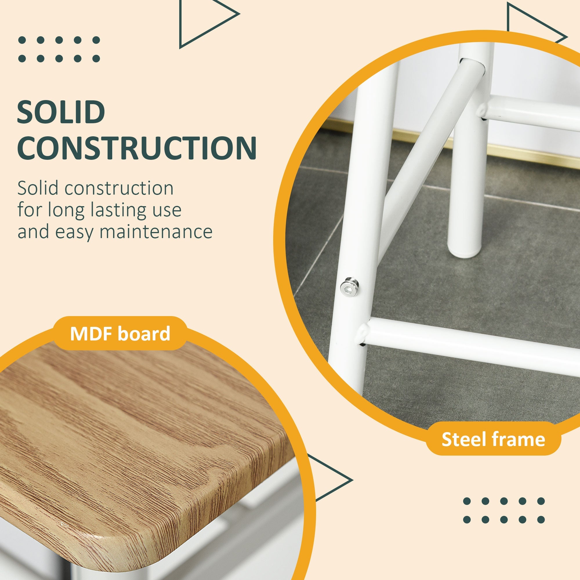 HOMCOM Counter Height Dining Set 3 Piece White Oak with Storage Shelf Metal Frame Footrest 1 Table 2 Stools for Kitchen