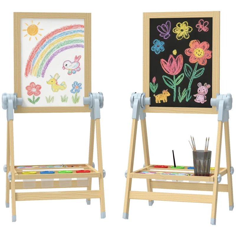 Qaba Wooden Art Easel, Double Sided Kids Easel with Height Adjustable Chalkboard and Magnetic Whiteboard, Natural