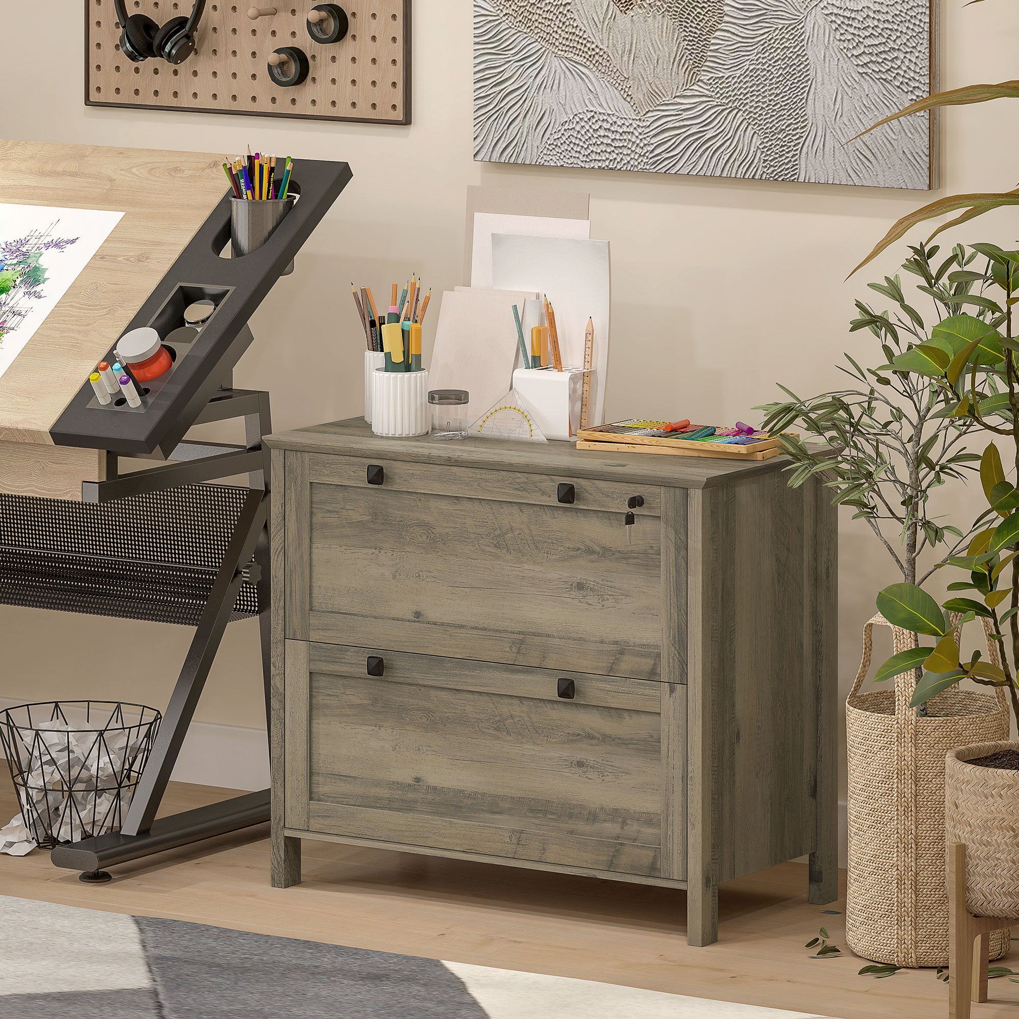 HOMCOM 2 Drawer File Cabinet, Lockable Filing Cabinet with Adjustable Hanging Bar for Letter, A4 Size, Weathered Grey Oak