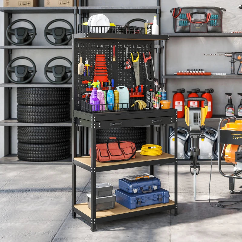 Work Bench with Pegboard, 31.5" Heavy Duty Metal Workbench with Hanging Kits, 2 Lower Shelves and Large Drawer, Black