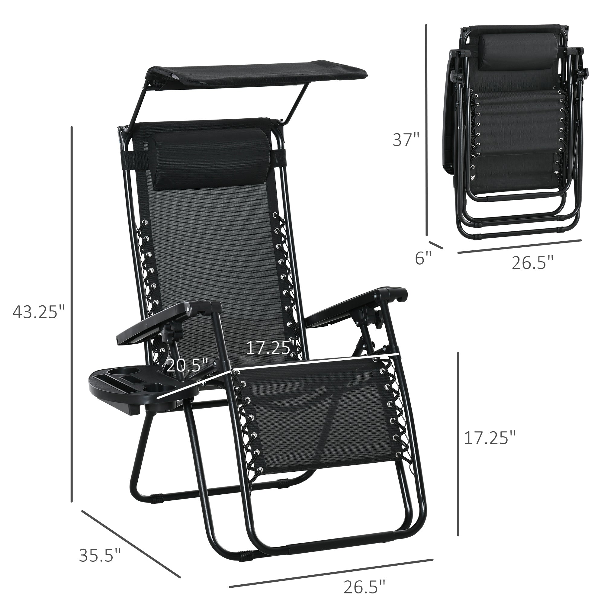 Outsunny Zero Gravity Chair 2pc Adjustable Patio Lounge Recliner with Cup Holder Canopy Shade Black