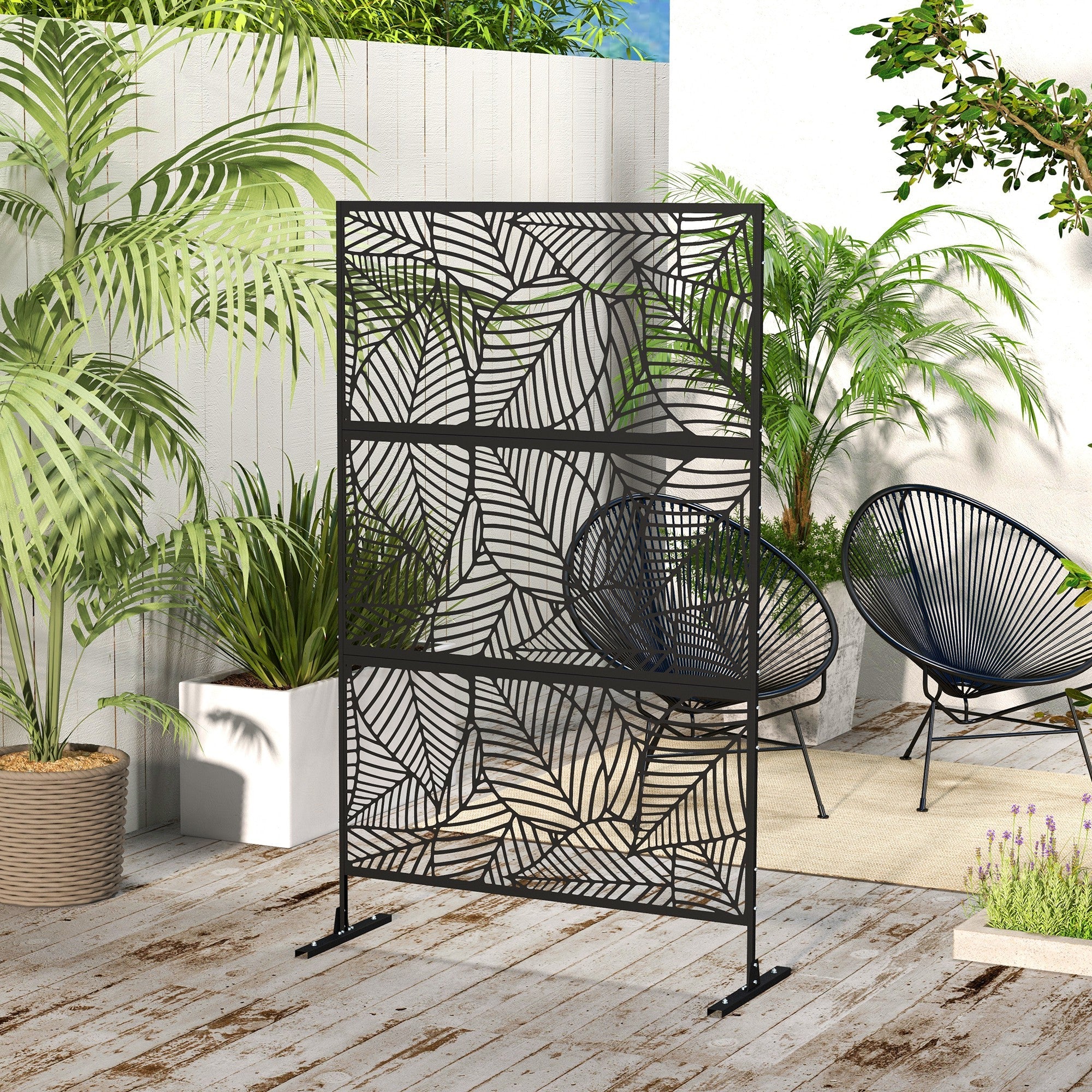 Outsunny 6.5FT Decorative Outdoor Divider, Metal Privacy Screen with Stand, Large Leaf Style, Black