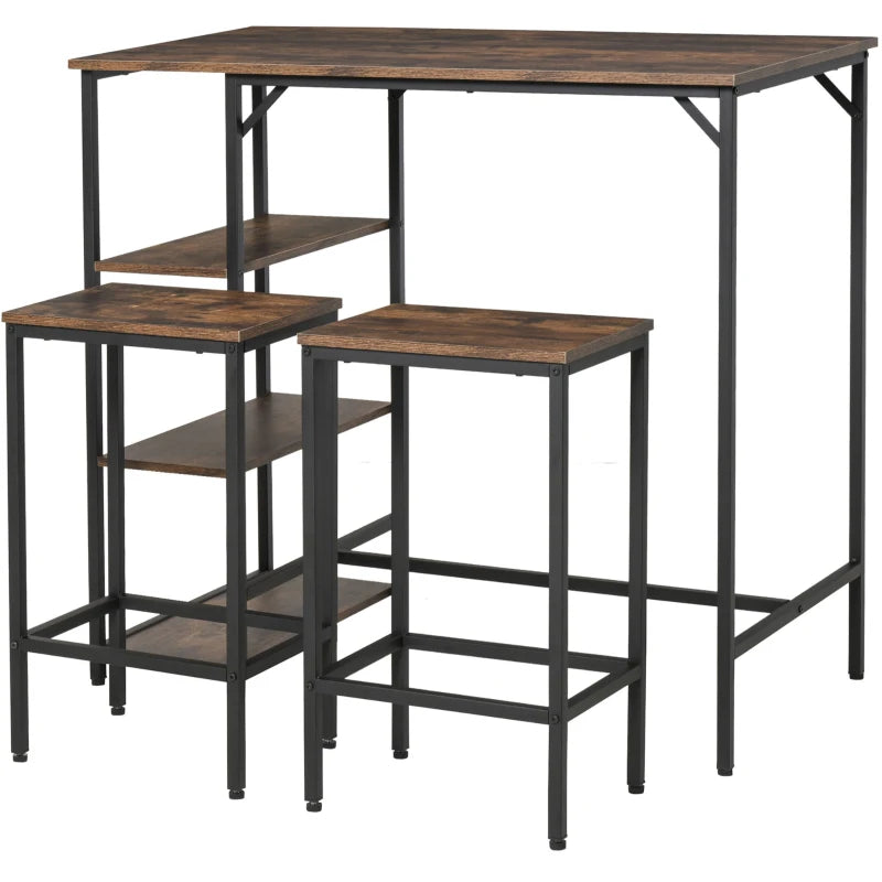 Industrial Dining Table Set for 2, Bar Table and Stools Set, Counter Height Kitchen Table with Chairs with Storage Shelf, Rustic Brown