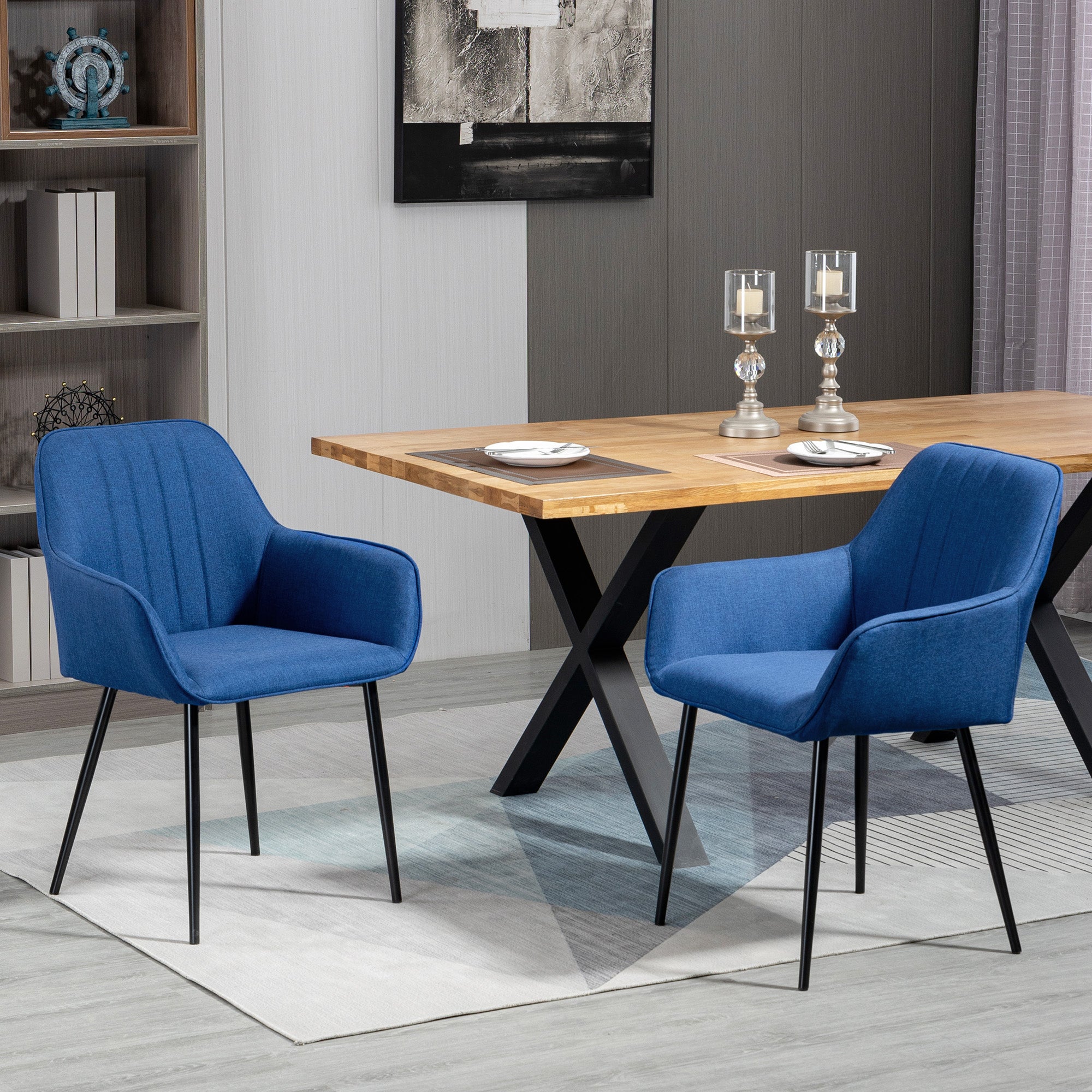 HOMCOM Dining Chairs Set of 2 Upholstered Linen Fabric Accent Chair Metal Legs Comfortable Seating Dark Blue