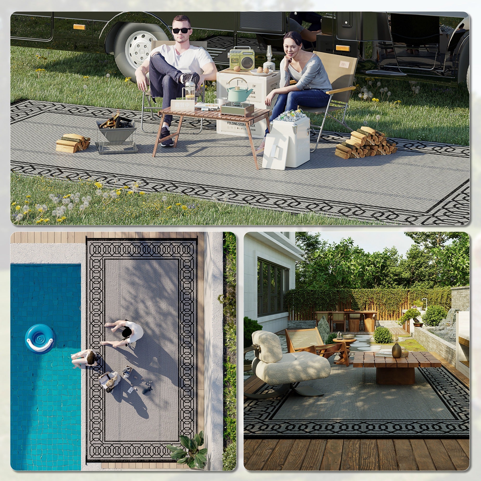 Outsunny 9' x 18' Portable Outdoor Rug Reversible Waterproof Mat with Carry Bag for RV Backyard Deck Black