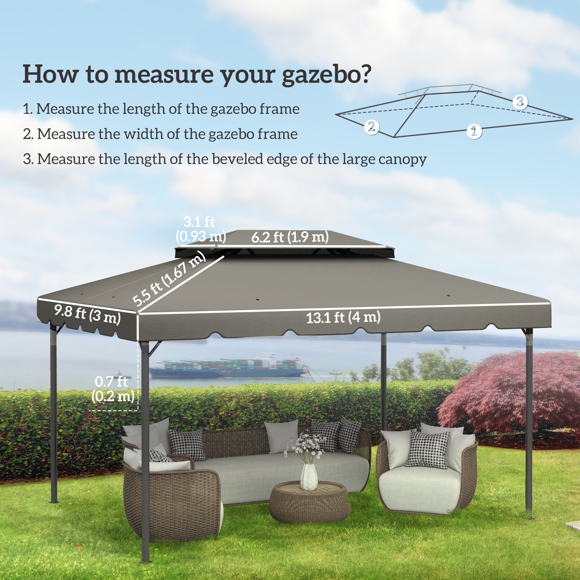 Outsunny 12.8' x 9.5' Gazebo Replacement Canopy, Gazebo Top Cover with Double Vented Roof for Garden Patio(TOP ONLY), Grey