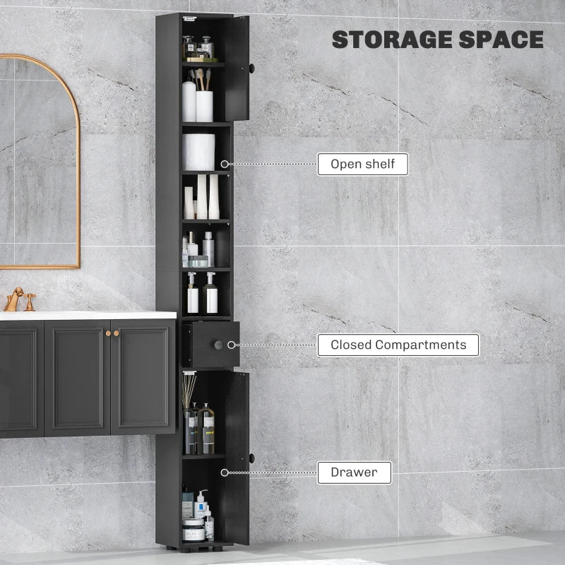 71" Tall Bathroom Cabinet, Narrow Toilet Paper Cabinet with Open Shelves, 2 Door Cabinets, Adjustable Shelves, Black