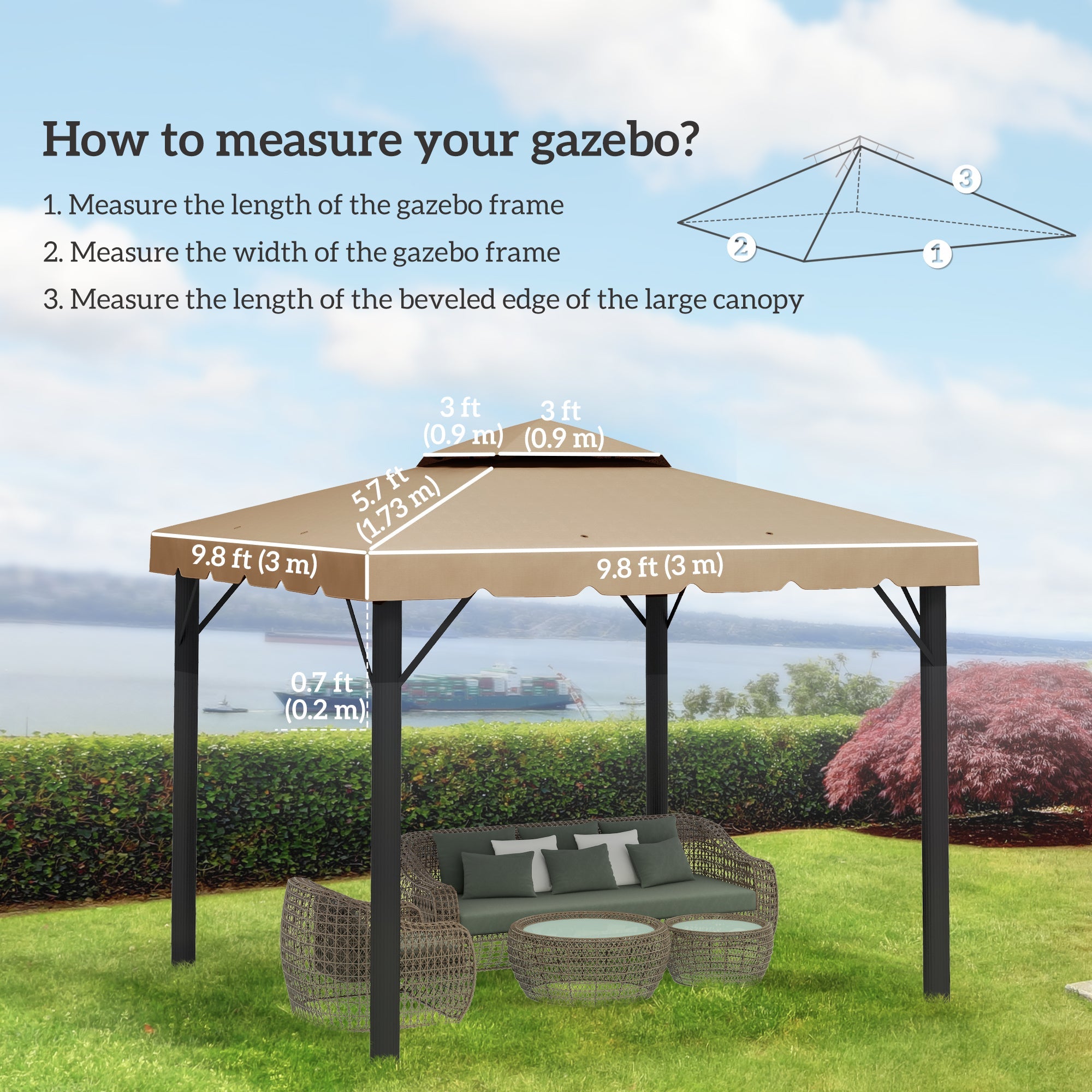 Outsunny Replacement Gazebo Top 9.8x9.8, Double Vented Roof Canopy Cover for Patio Garden, Khaki - Upgrade Your Outdoor Space