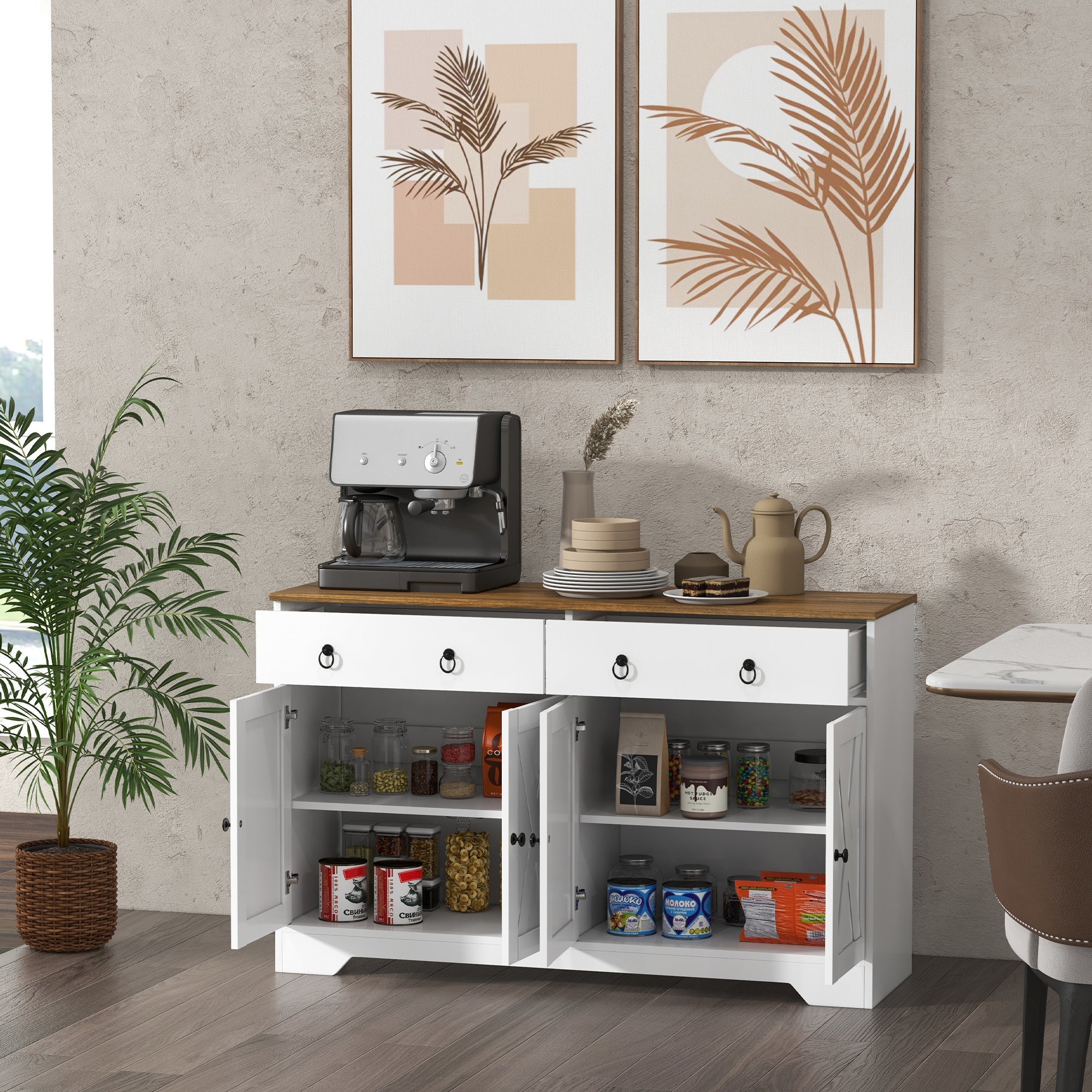 HOMCOM Kitchen Sideboard with 2 Drawers 4 Barn Doors 2 Adjustable Shelves Buffet Table White for Living Room