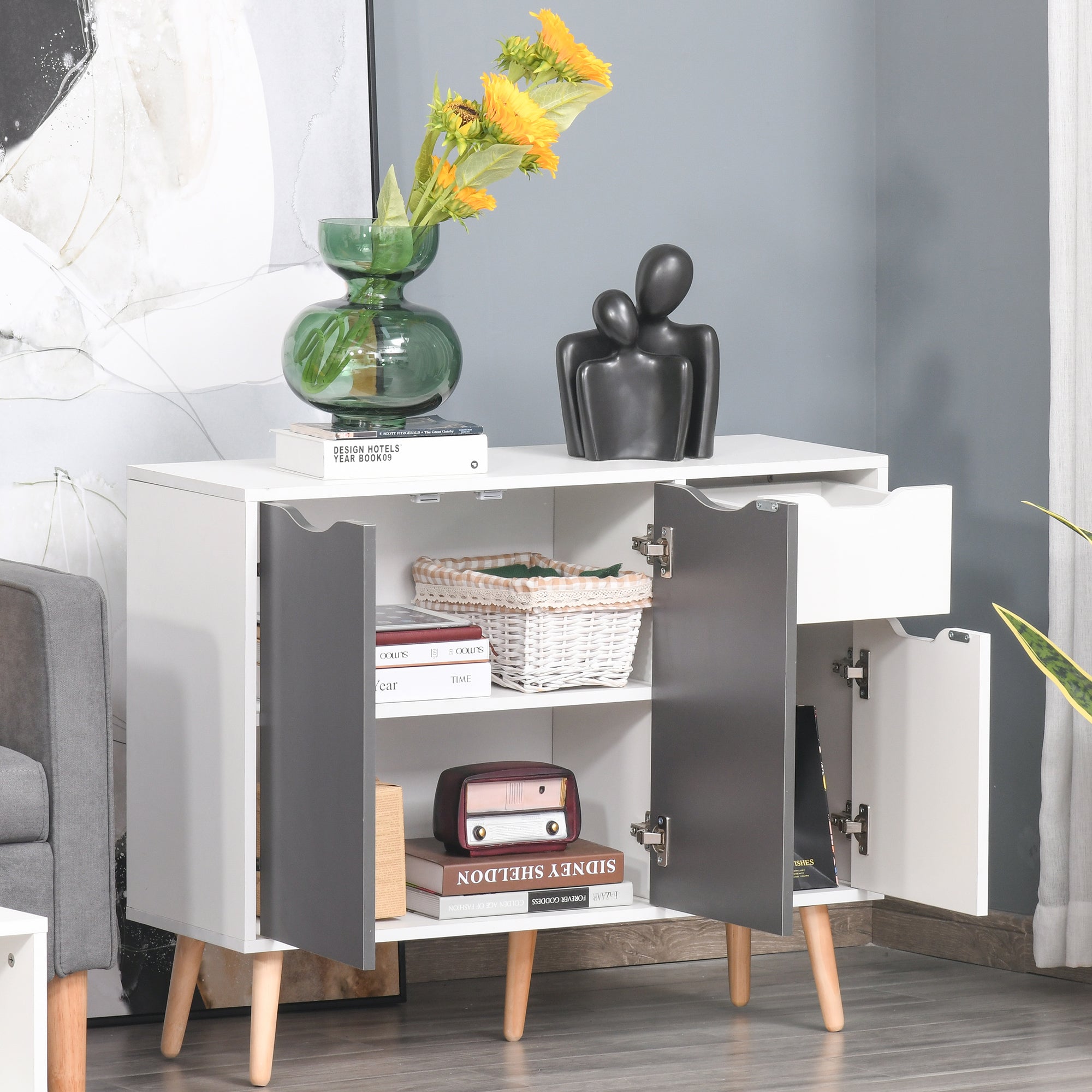 HOMCOM 28" Sideboard Sophistication: Storage Cabinet with Drawer, Solid Frame for Bedroom, Living Room, Home Office, Grey