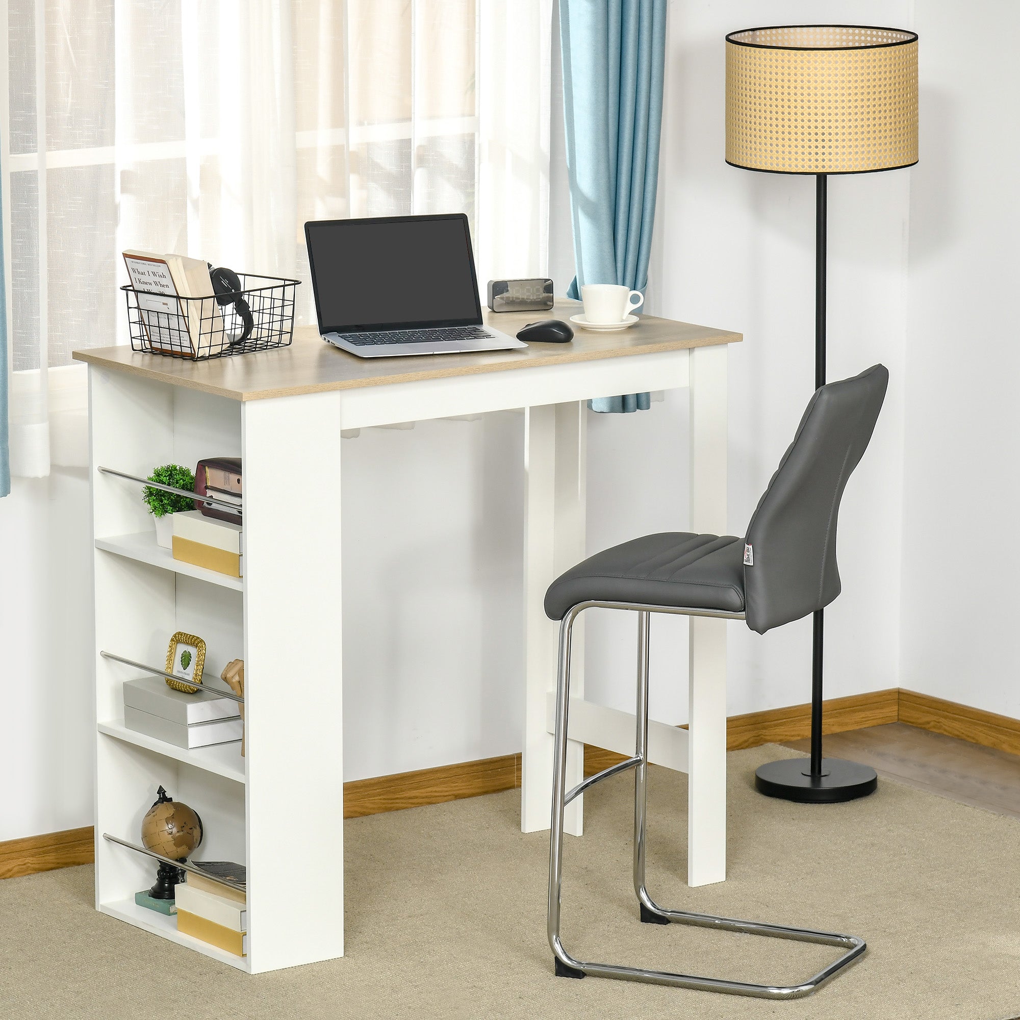 HOMCOM Bar Height Dining Table Modern with 3 Storage Shelves for Kitchen Dining Room Living Room White