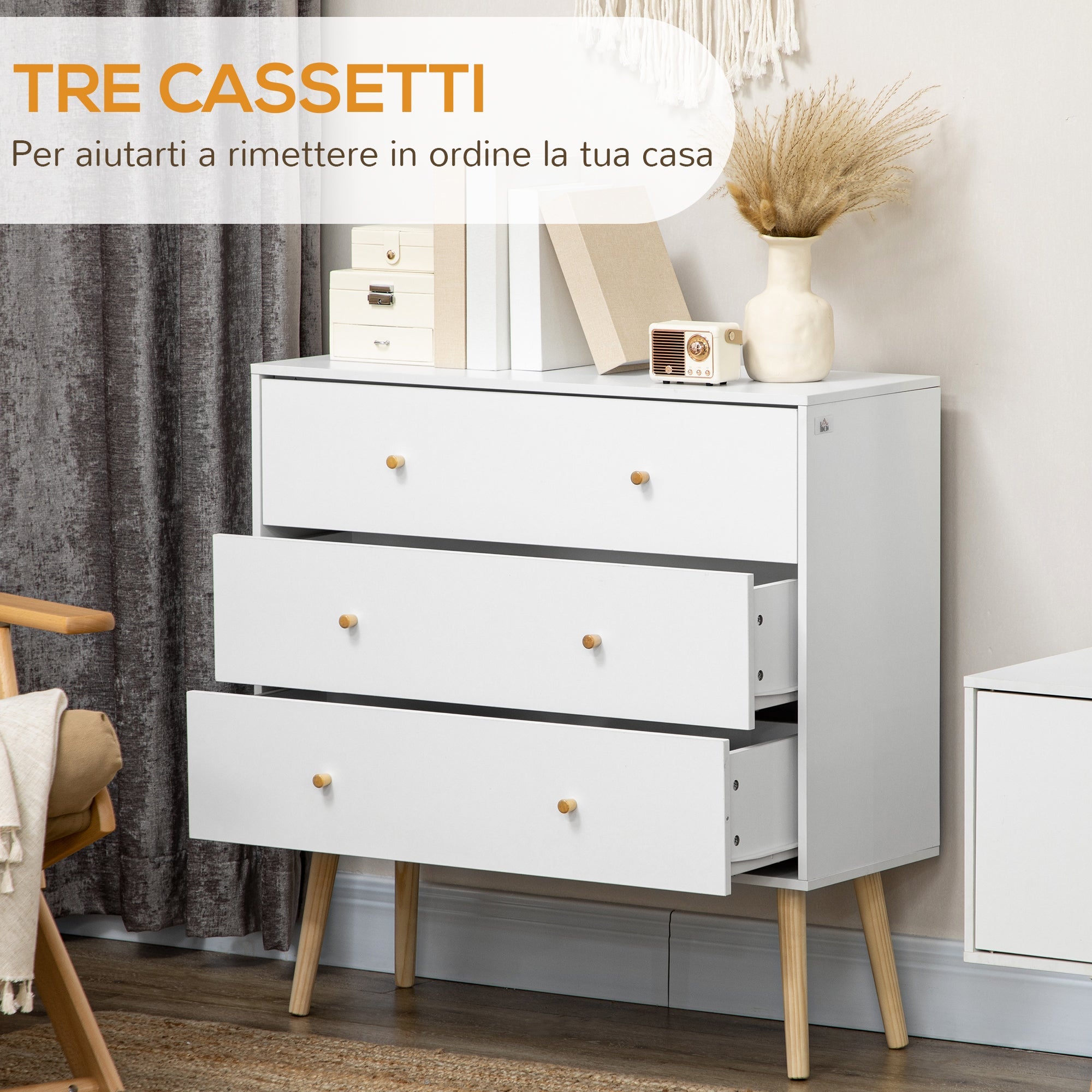 HOMCOM Elegant 3 Drawer Dresser Chest of Drawers with Wood Legs Handles for Living Room White