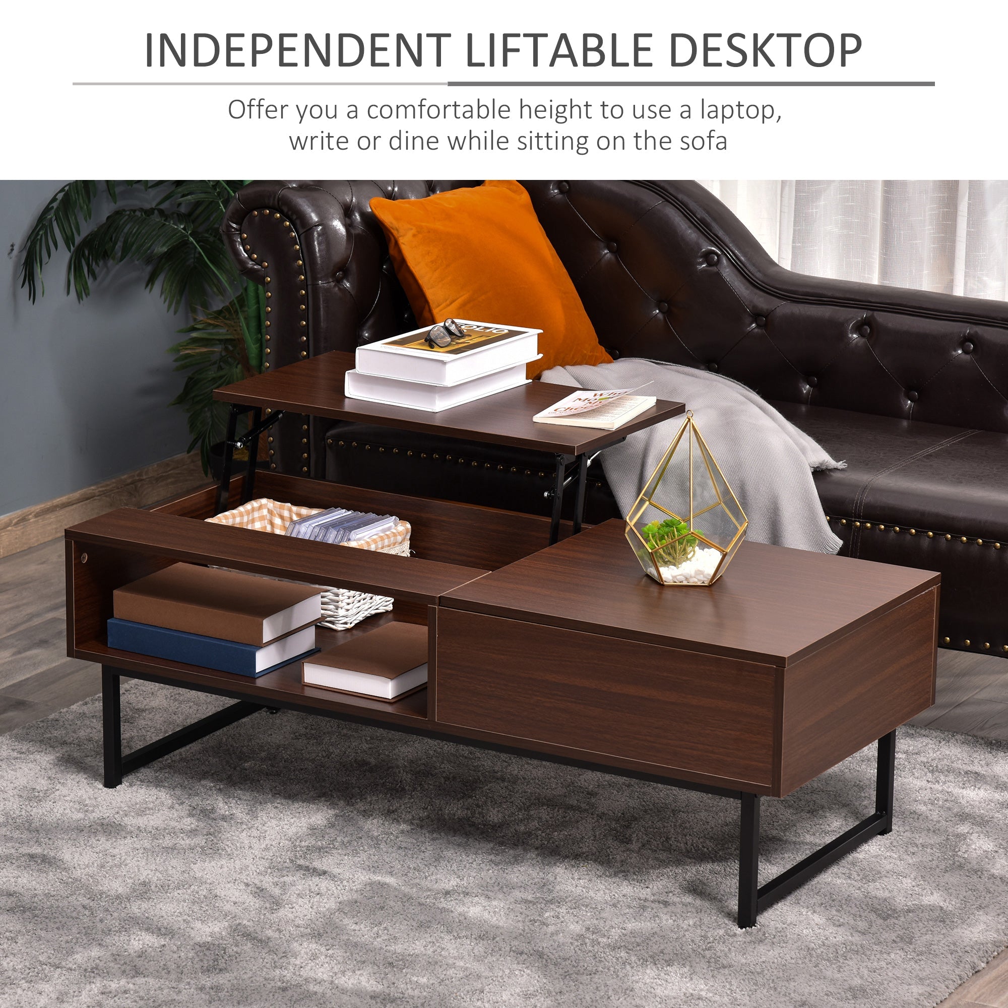 HOMCOM Modern Lift Top Coffee Table with Hidden Storage Compartment Metal Frame Center Table for Living Room Brown