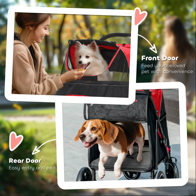 Foldable Pet Stroller with Universal Front Wheels, Shock Absorber, Dog Cat Carriage for Large & Medium Dogs, Red