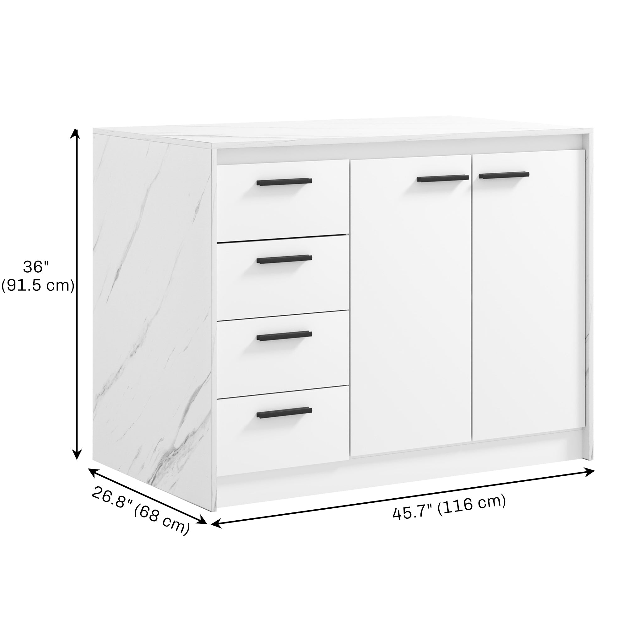 HOMCOM Kitchen Island with Storage Cabinet, 4 Drawers and Adjustable Shelf for Dining Room, Faux Marble Effect and White
