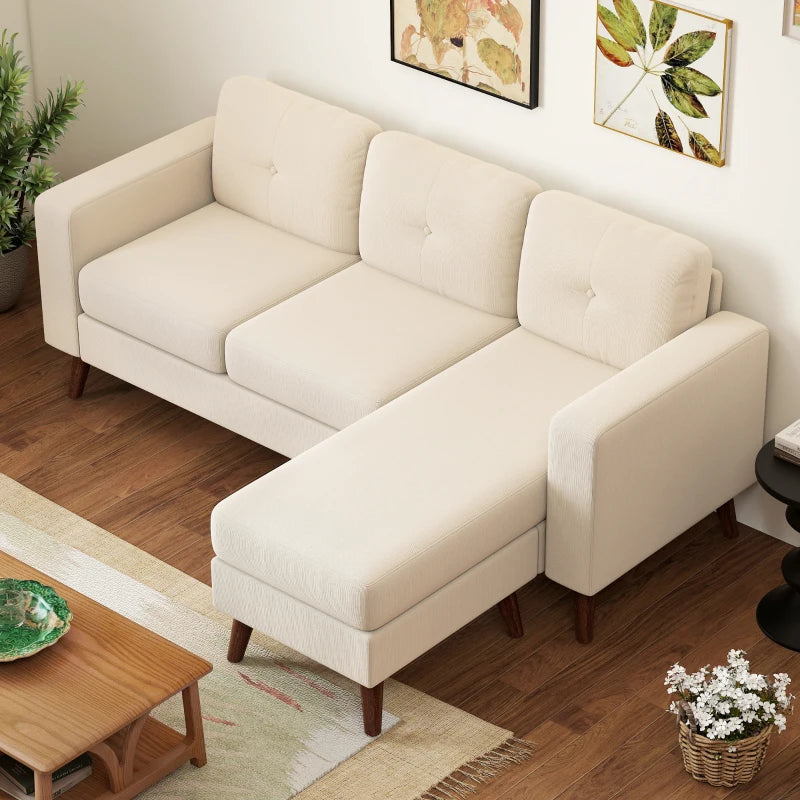 Sectional Sofa with Changeable Chaise Lounge, 3 Seat L-Shaped Sofa, Upholstered Couch for Small Space, Cream White