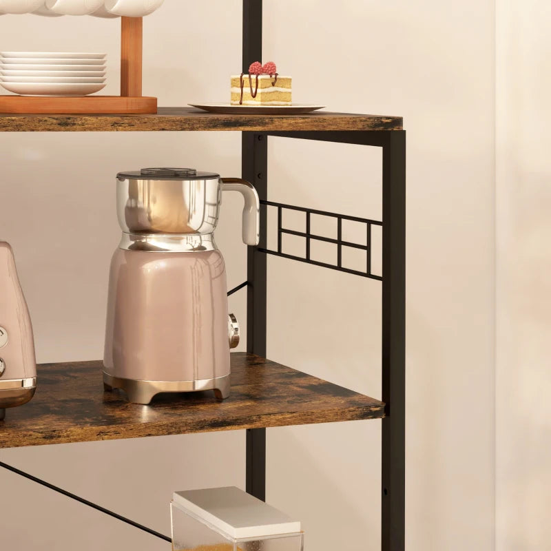 Kitchen Baker's Rack with Power Outlet, Coffee Bar Station with Adjustable Shelves and Hooks, Rustic Brown