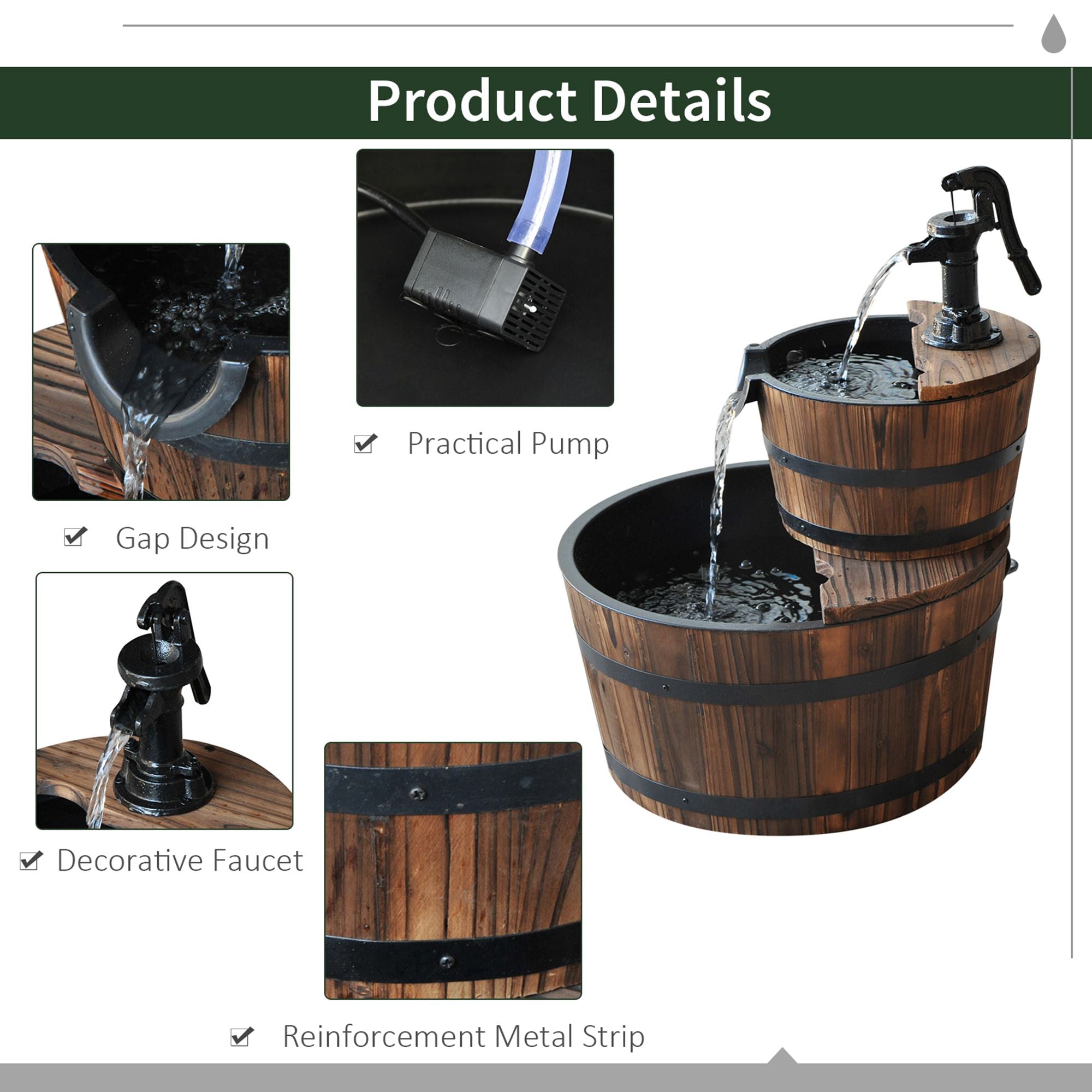 Outsunny 2-Tier Wooden Barrel Water Fountain with Electric Pump Cascading Feature Outdoor Indoor Decoration