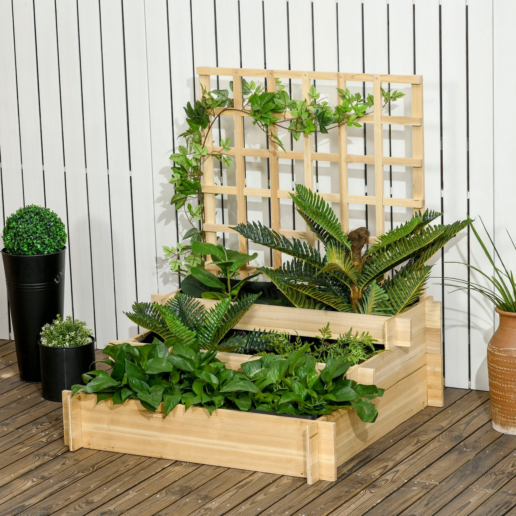 Outsunny Wooden Elevated Garden Bed with Trellis - 3 Tier Planter Box for Climbing Plants, Outdoor Use, Natural Finish