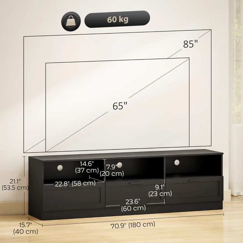 TV Stand with Storage, Modern Entertainment Center with 3 Cabinets and 3 Open Shelves, for TVs up to 85", Black